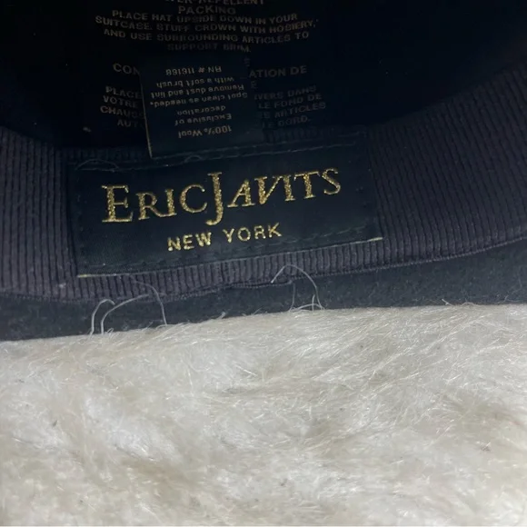 Eric Javits New York Black 100% Wool Wide Brim Fedora Hat Water Repellent L/XL - Picture 8 of 13